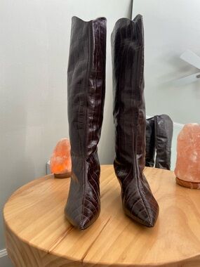 SCHUTZ Croc-Embossed Over-the-Knee Boots in Dark Brown